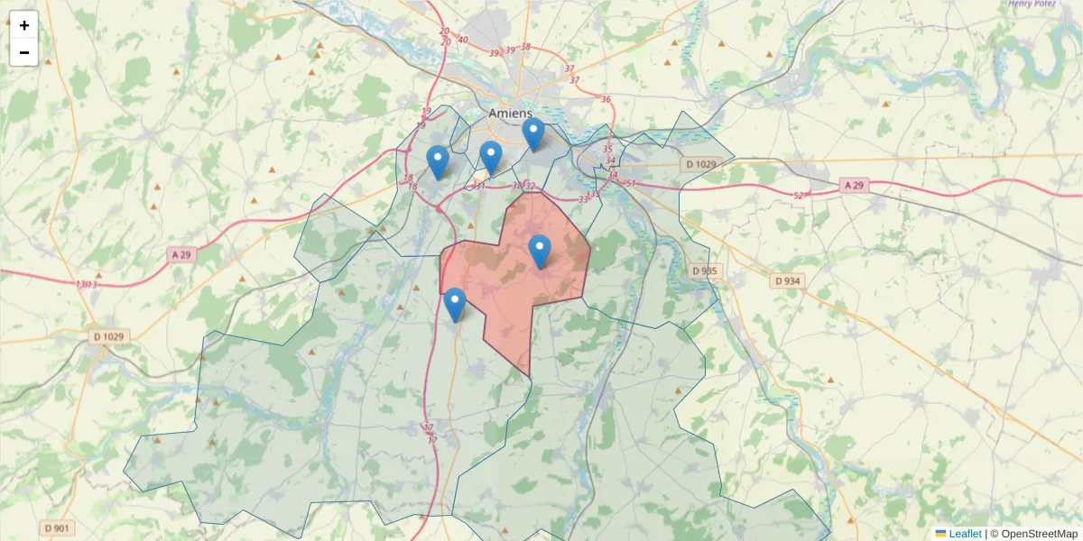 Carte de la zone du code postal  et des codes postaux voisins en France