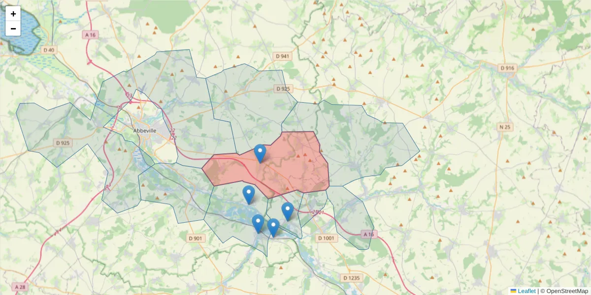 Carte de la zone du code postal  et des codes postaux voisins en France