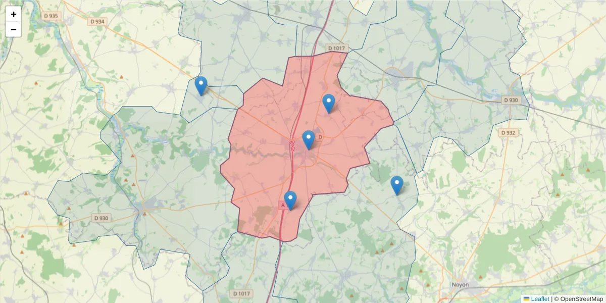 Carte de la zone du code postal  et des codes postaux voisins en France