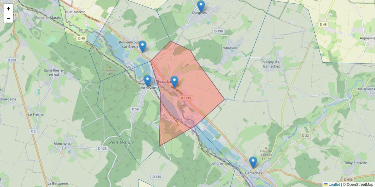 Carte de la zone du code postal  et des codes postaux voisins en France