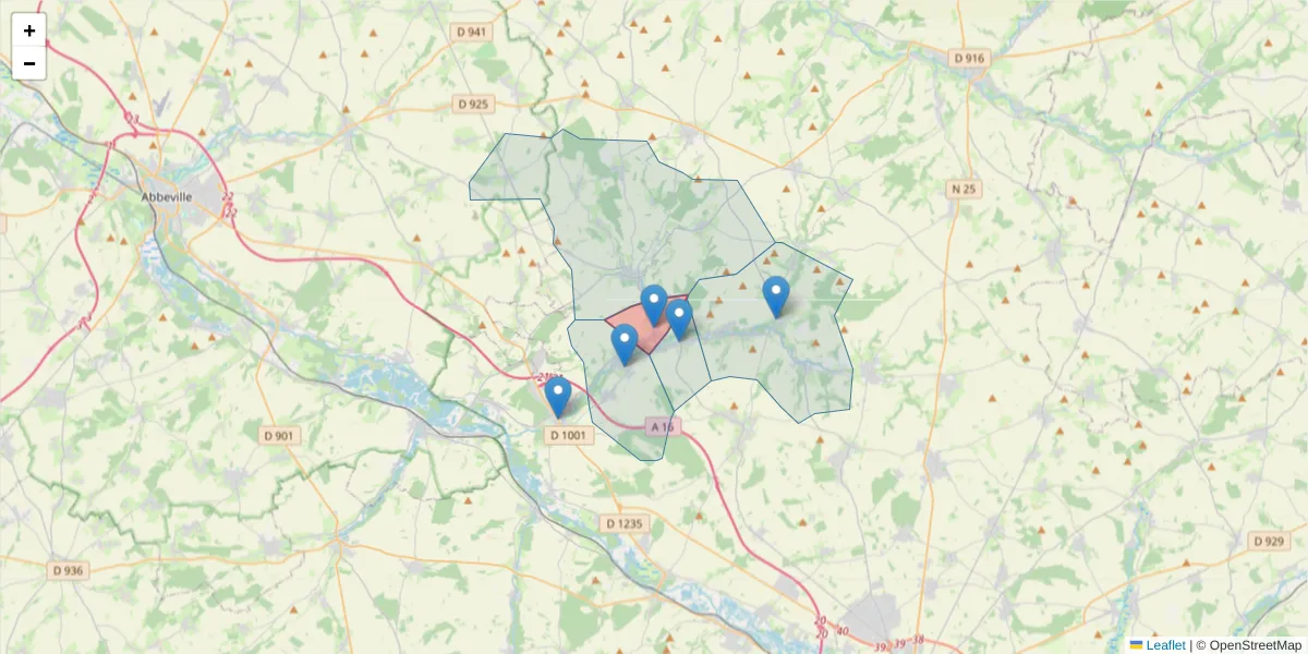 Carte de la zone du code postal  et des codes postaux voisins en France
