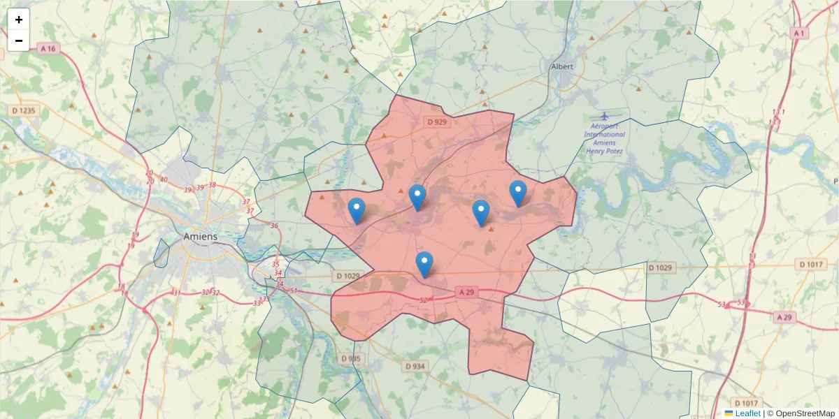 Carte de la zone du code postal  et des codes postaux voisins en France