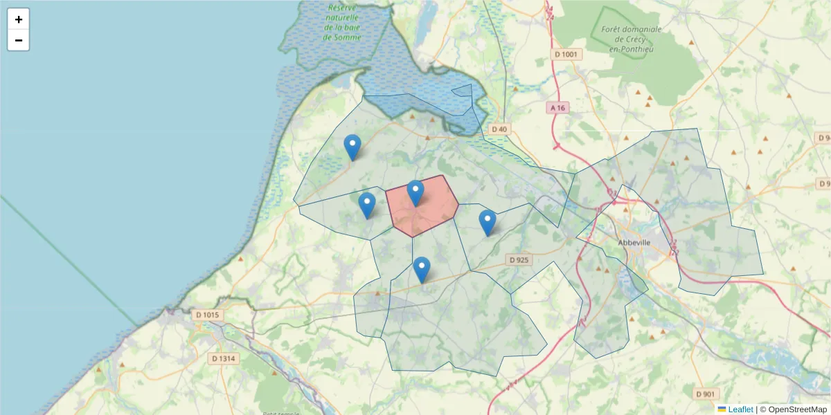 Carte de la zone du code postal  et des codes postaux voisins en France