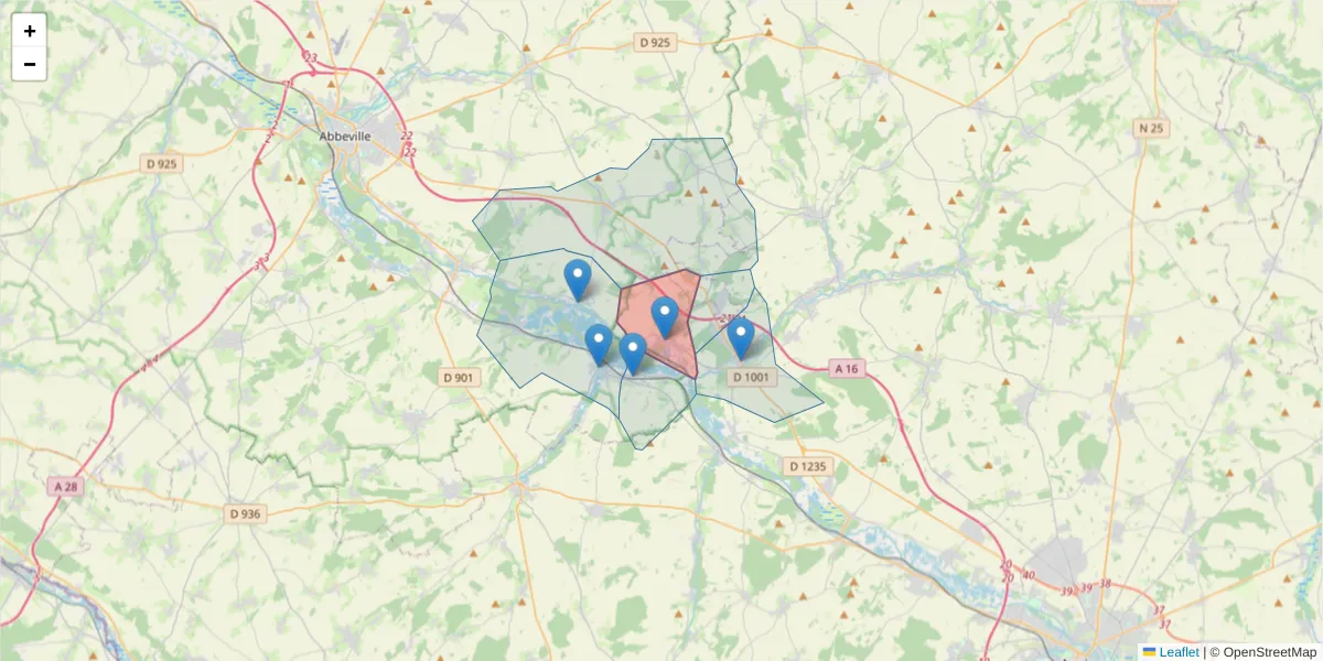 Carte de la zone du code postal  et des codes postaux voisins en France