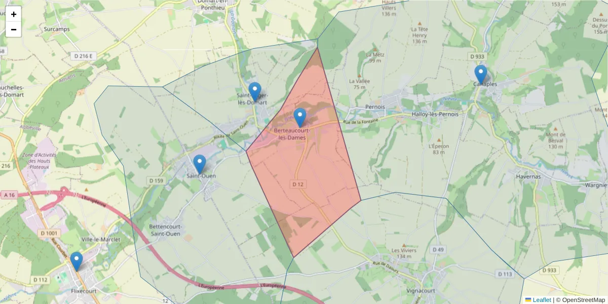 Carte de la zone du code postal  et des codes postaux voisins en France
