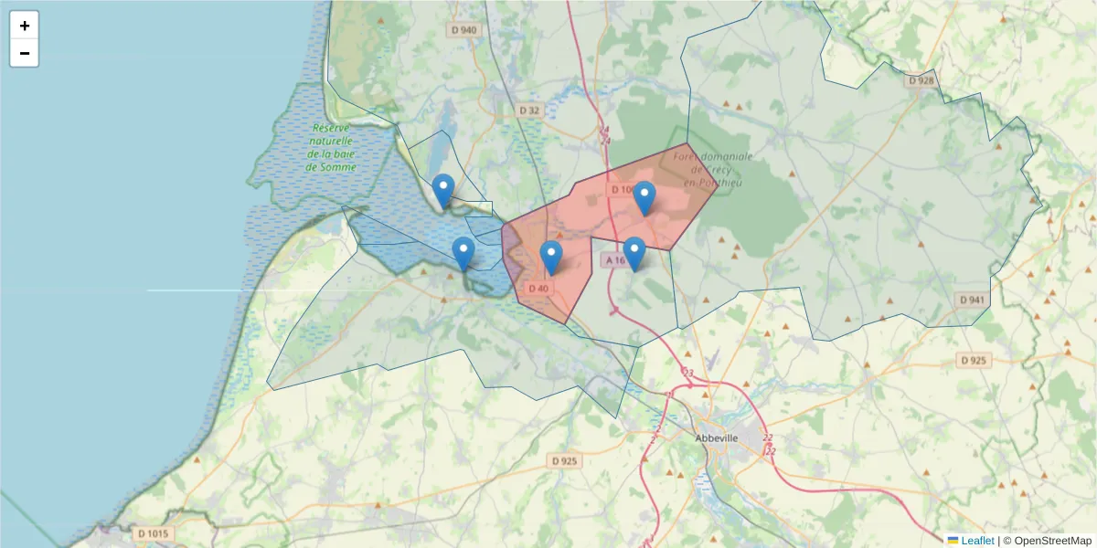 Carte de la zone du code postal  et des codes postaux voisins en France