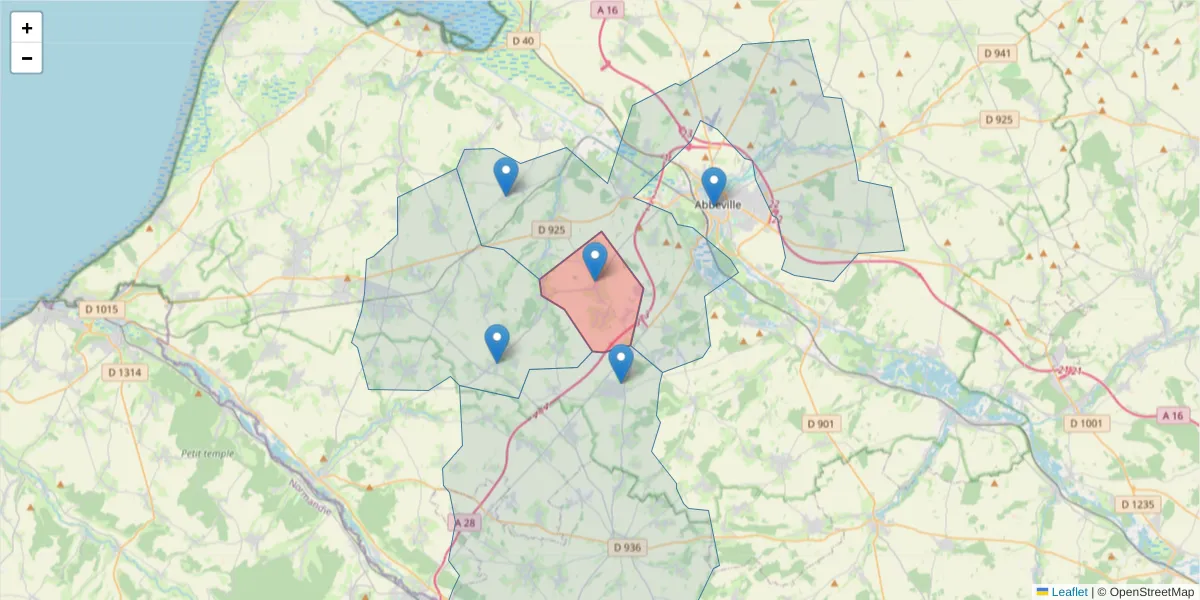 Carte de la zone du code postal  et des codes postaux voisins en France
