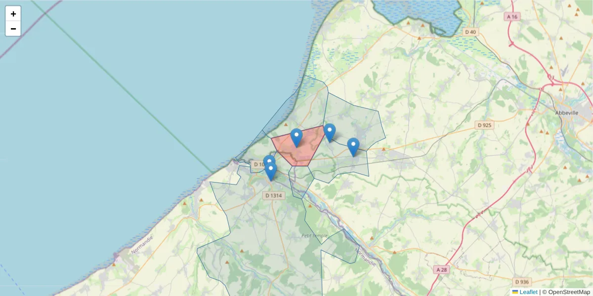 Carte de la zone du code postal  et des codes postaux voisins en France