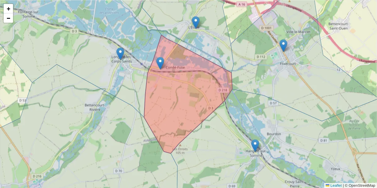 Carte de la zone du code postal  et des codes postaux voisins en France