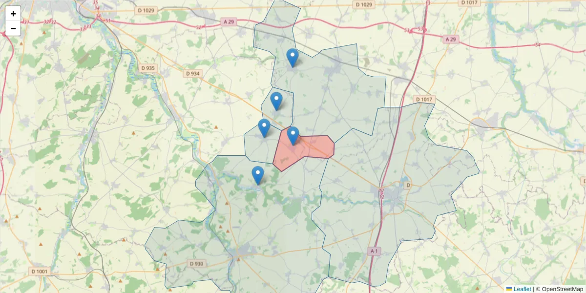 Carte de la zone du code postal  et des codes postaux voisins en France