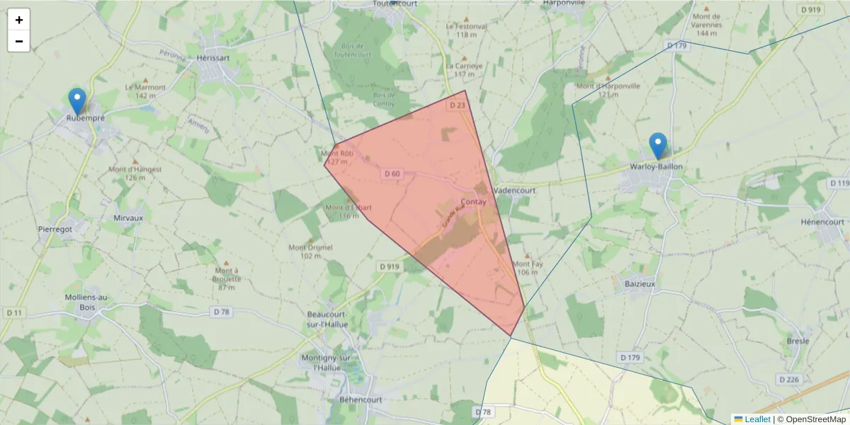 Carte de la zone du code postal  et des codes postaux voisins en France