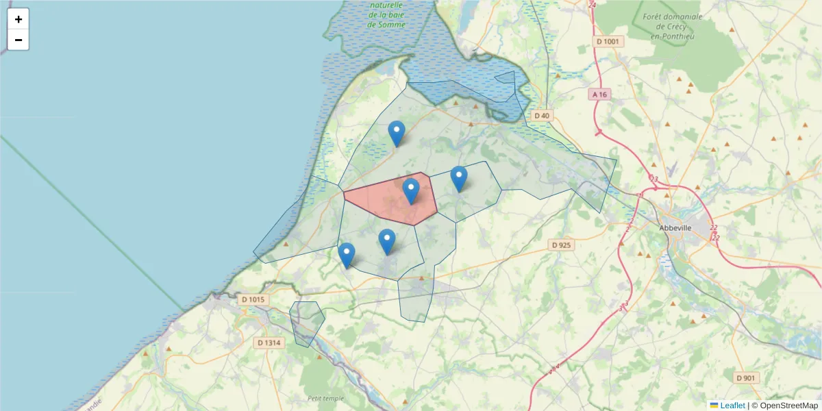 Carte de la zone du code postal  et des codes postaux voisins en France