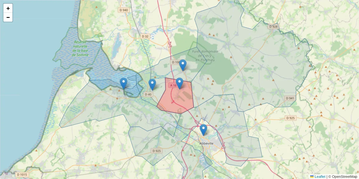 Carte de la zone du code postal  et des codes postaux voisins en France