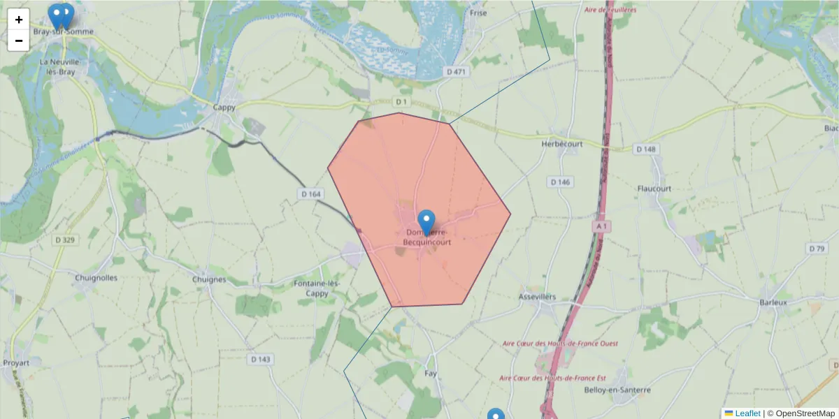Carte de la zone du code postal  et des codes postaux voisins en France