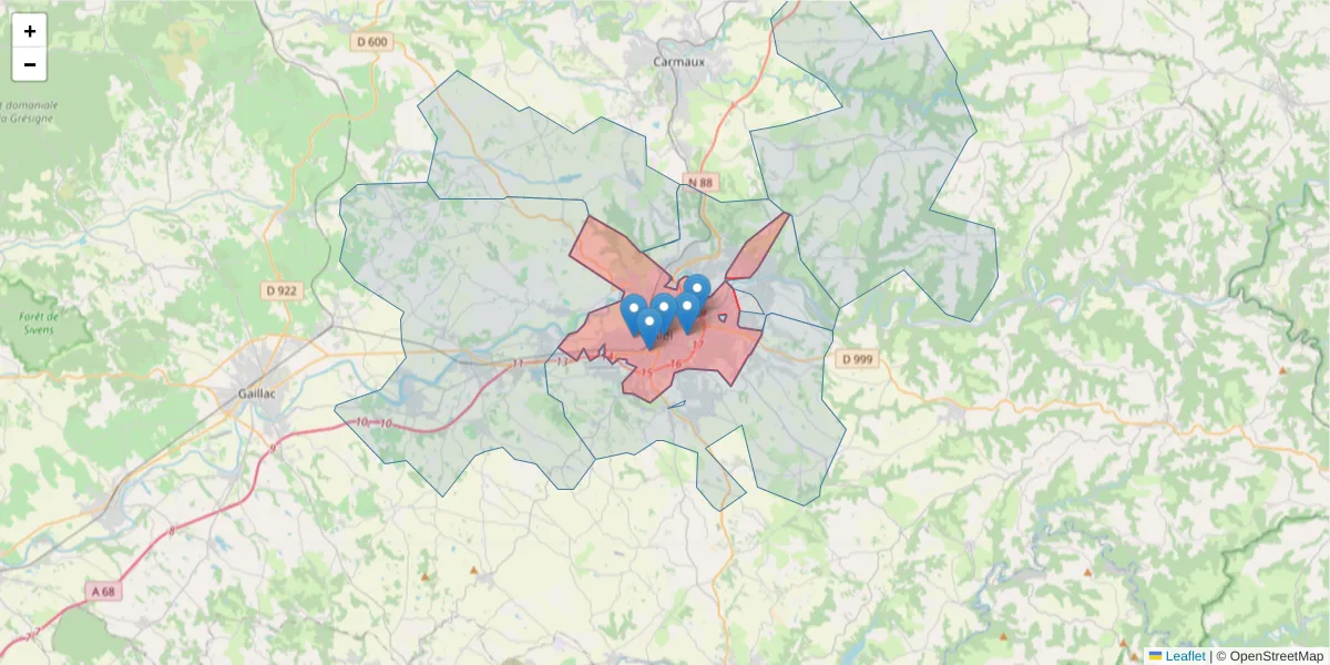 Carte de la zone du code postal  et des codes postaux voisins en France