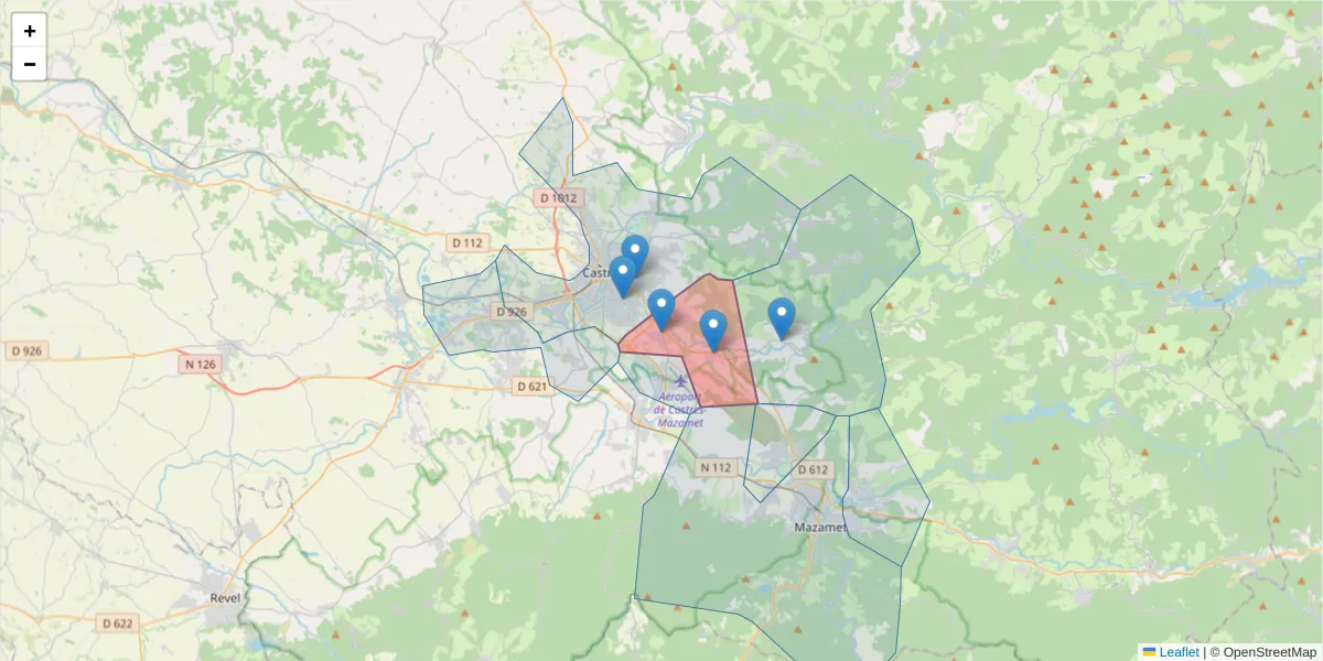 Carte de la zone du code postal  et des codes postaux voisins en France