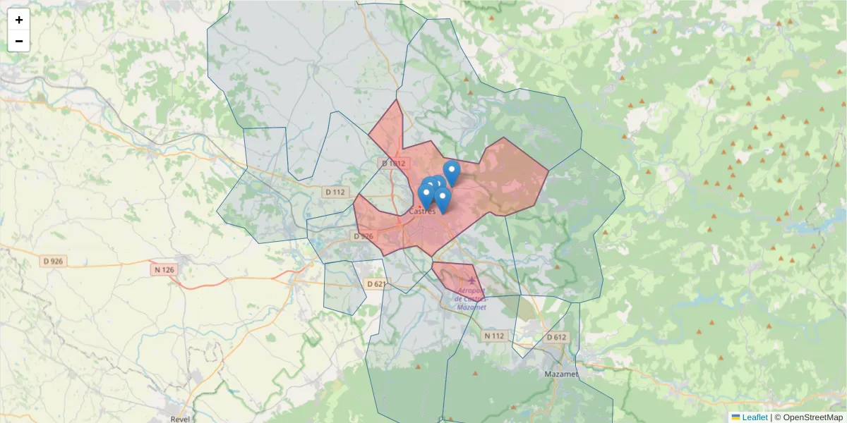 Carte de la zone du code postal  et des codes postaux voisins en France