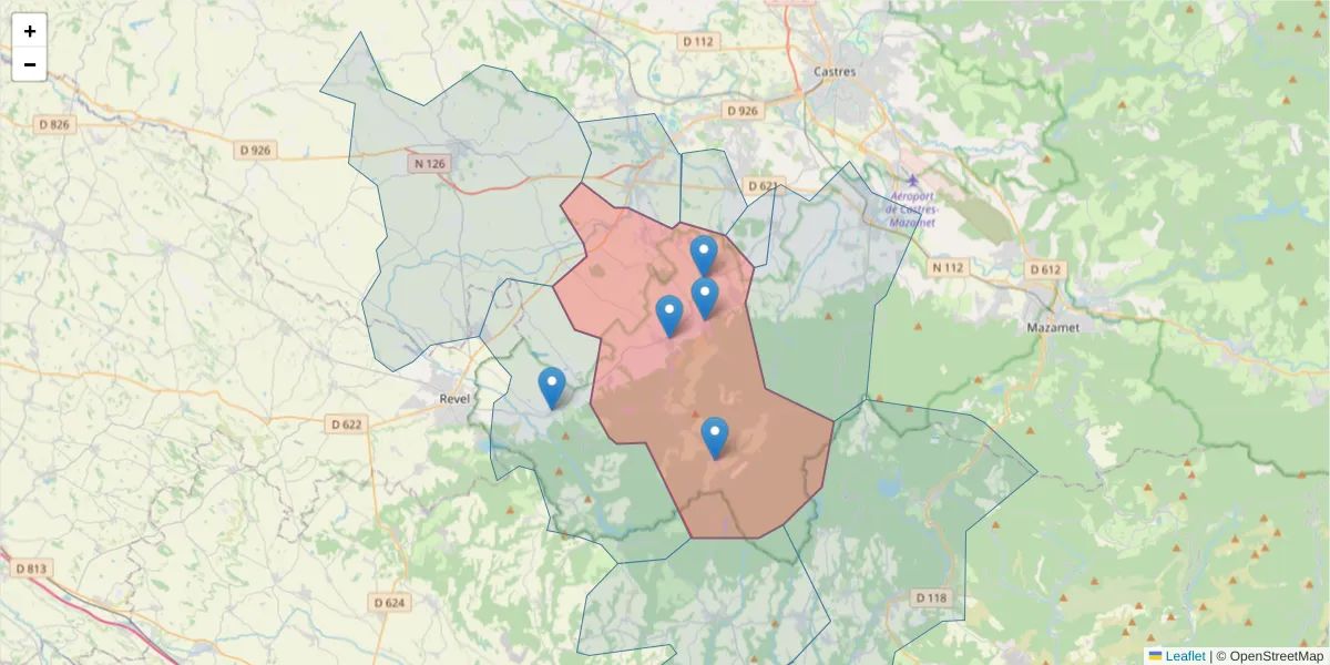 Carte de la zone du code postal  et des codes postaux voisins en France