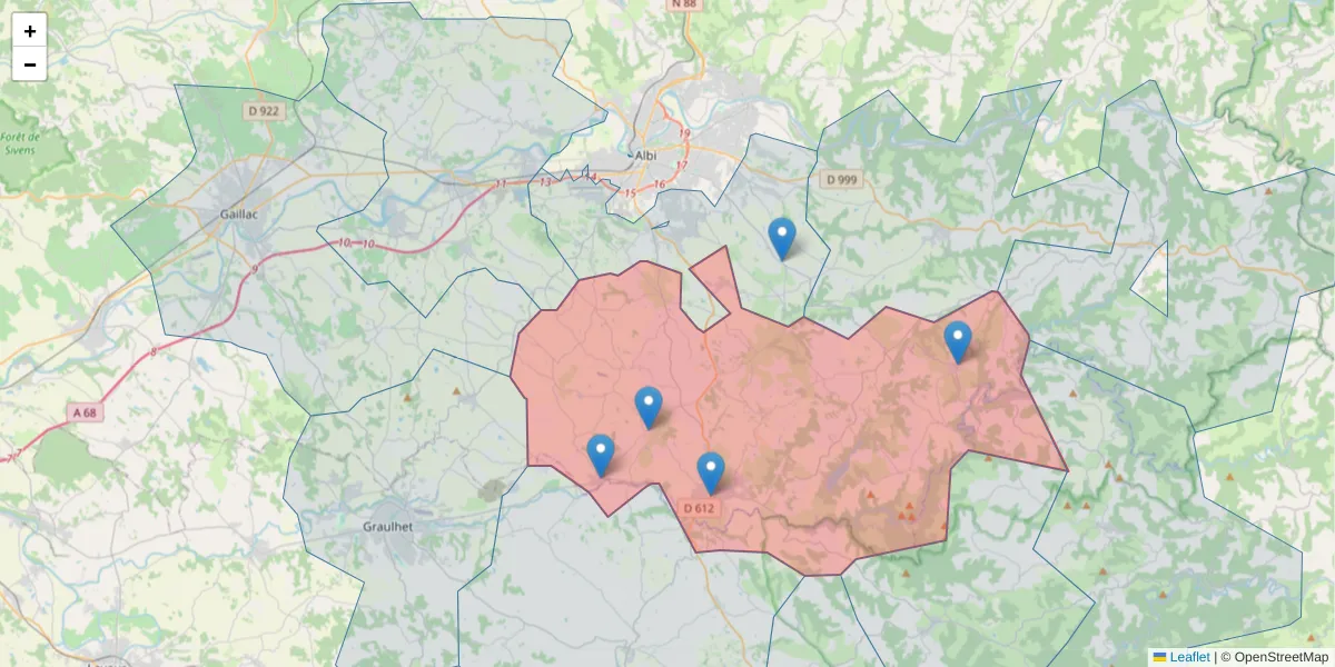 Carte de la zone du code postal  et des codes postaux voisins en France