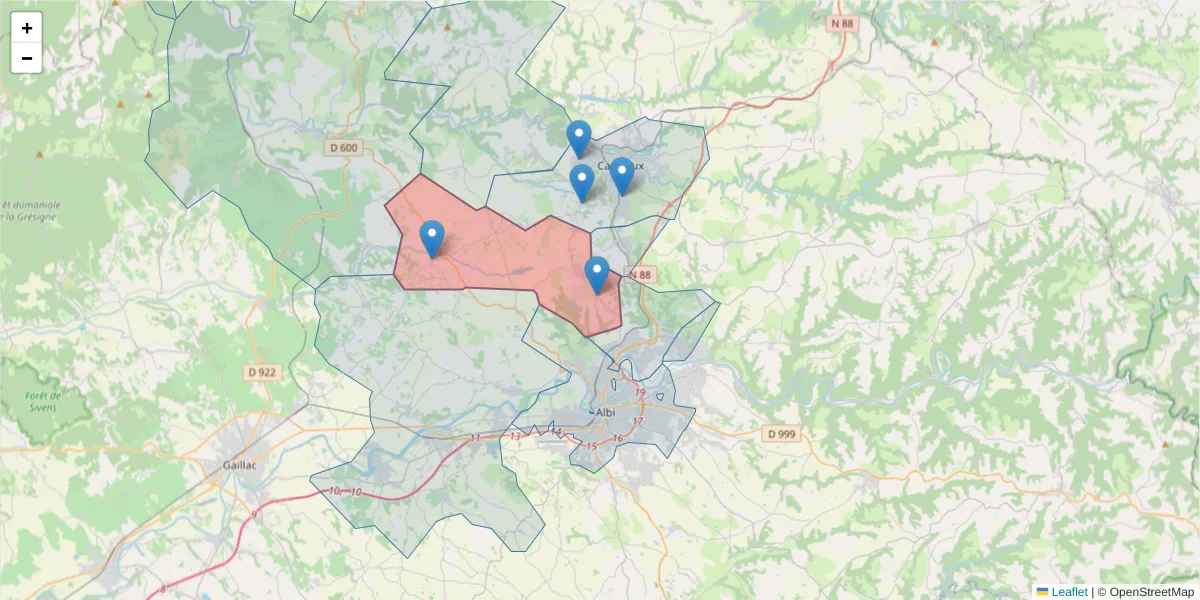 Carte de la zone du code postal  et des codes postaux voisins en France
