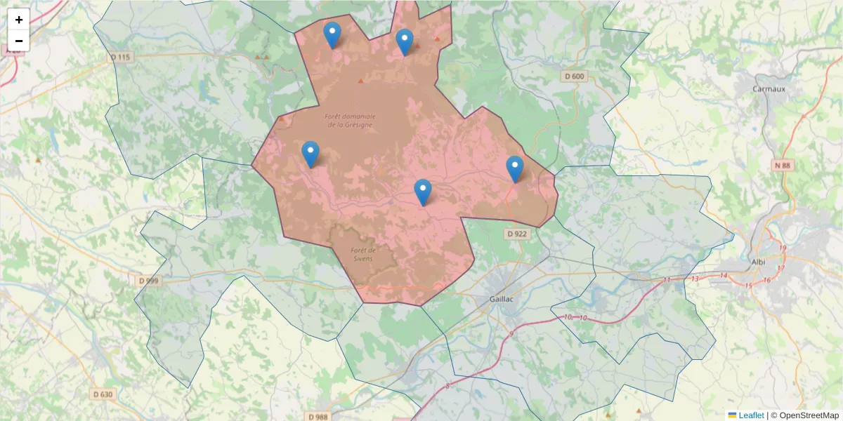 Carte de la zone du code postal  et des codes postaux voisins en France