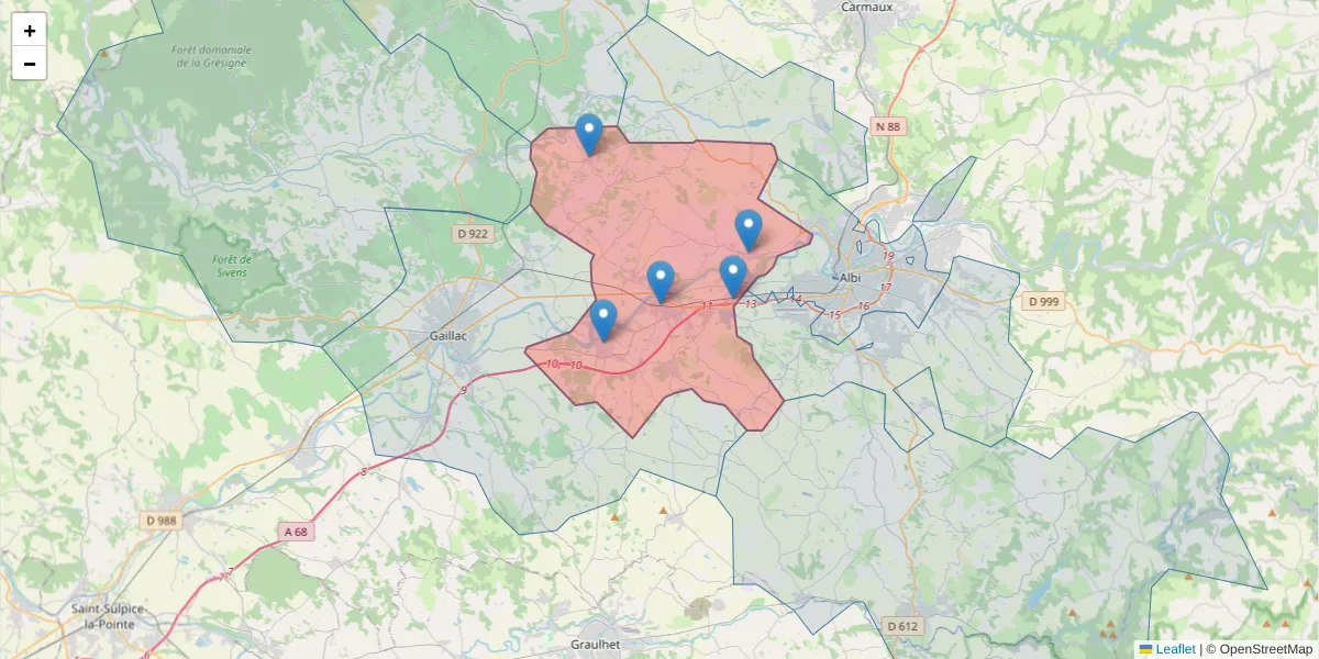 Carte de la zone du code postal  et des codes postaux voisins en France