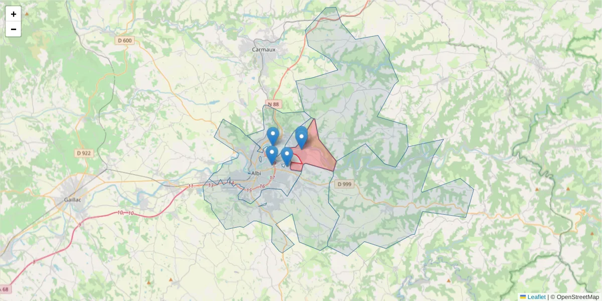 Carte de la zone du code postal  et des codes postaux voisins en France