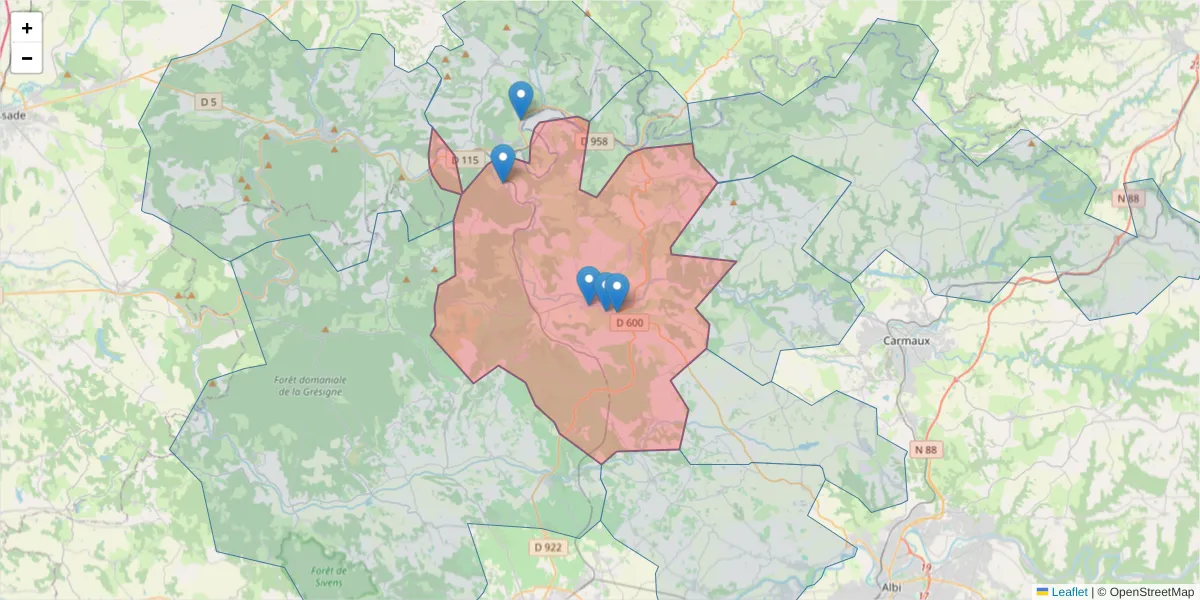 Carte de la zone du code postal  et des codes postaux voisins en France