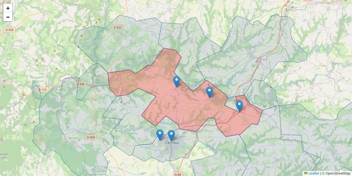 Carte de la zone du code postal  et des codes postaux voisins en France