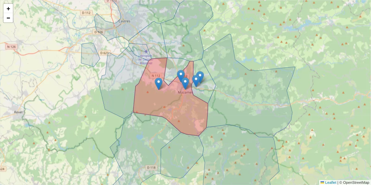 Carte de la zone du code postal  et des codes postaux voisins en France
