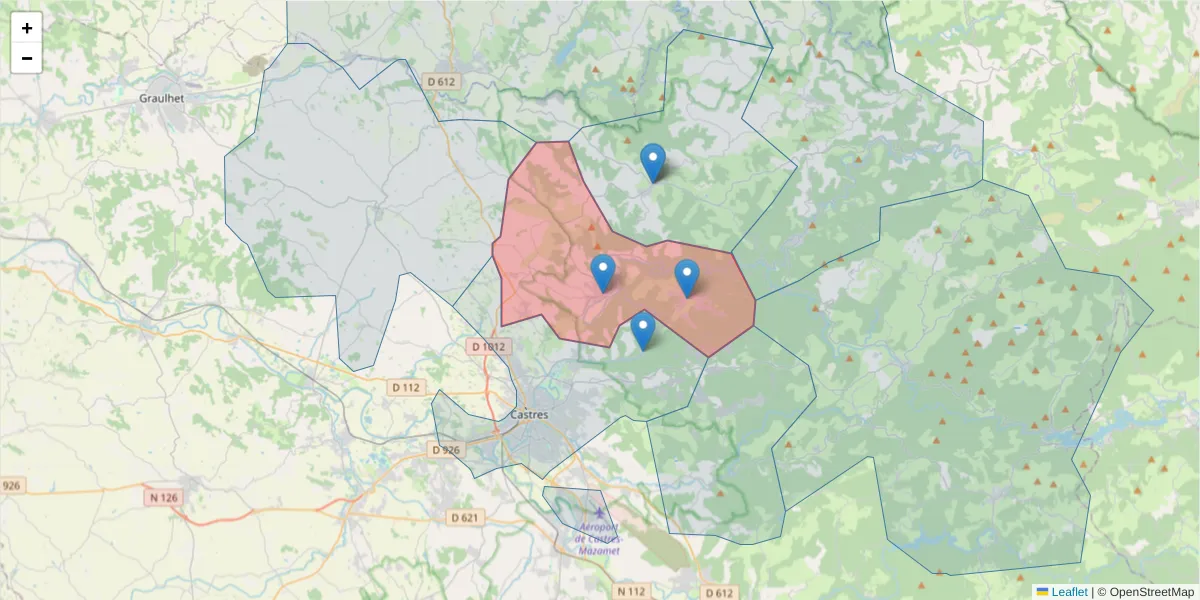 Carte de la zone du code postal  et des codes postaux voisins en France