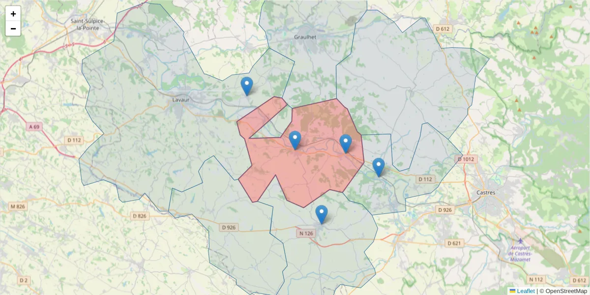 Carte de la zone du code postal  et des codes postaux voisins en France