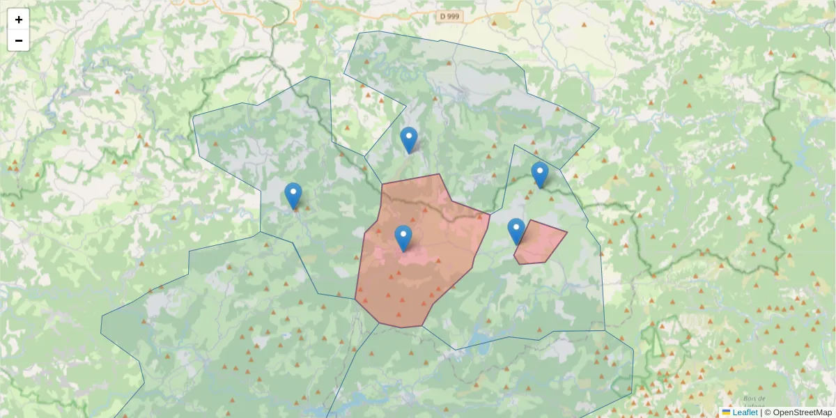 Carte de la zone du code postal  et des codes postaux voisins en France