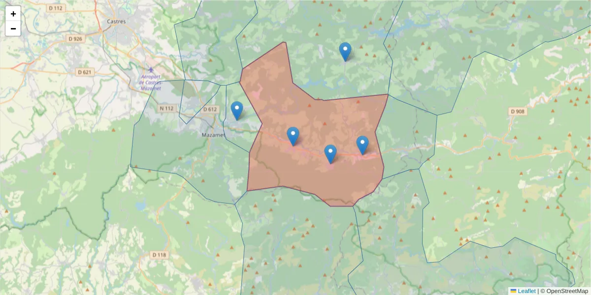 Carte de la zone du code postal  et des codes postaux voisins en France