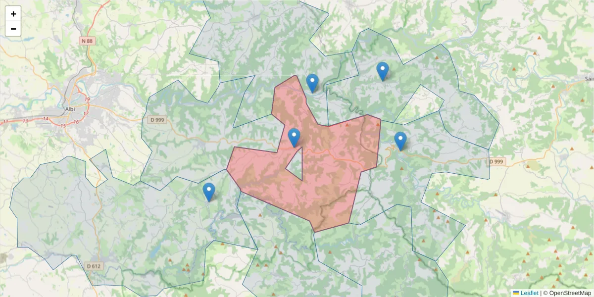 Carte de la zone du code postal  et des codes postaux voisins en France