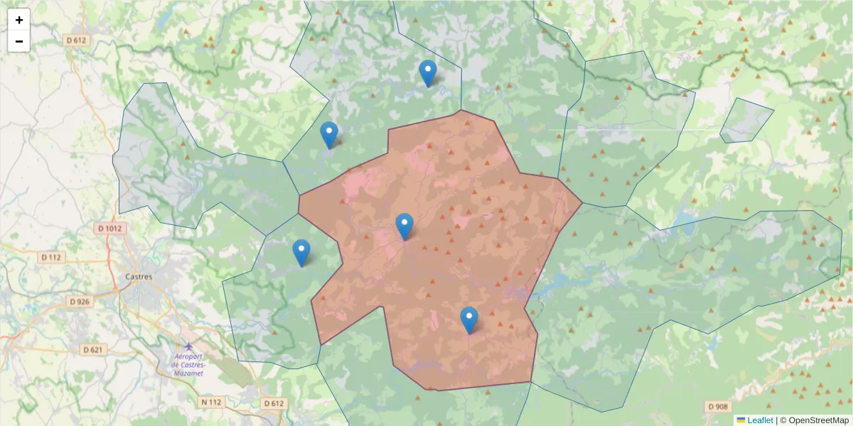 Carte de la zone du code postal  et des codes postaux voisins en France