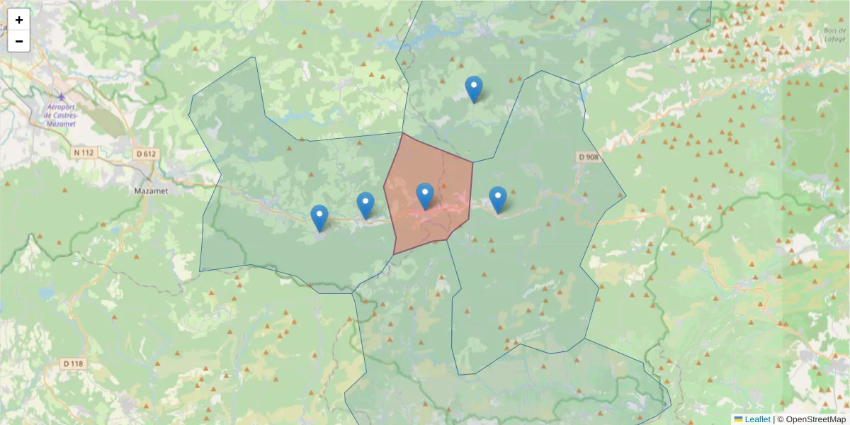 Carte de la zone du code postal  et des codes postaux voisins en France