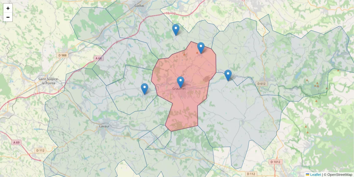 Carte de la zone du code postal  et des codes postaux voisins en France
