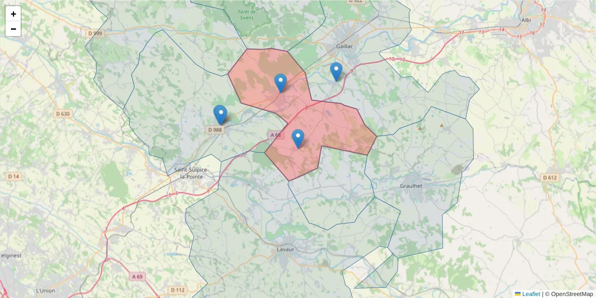 Carte de la zone du code postal  et des codes postaux voisins en France