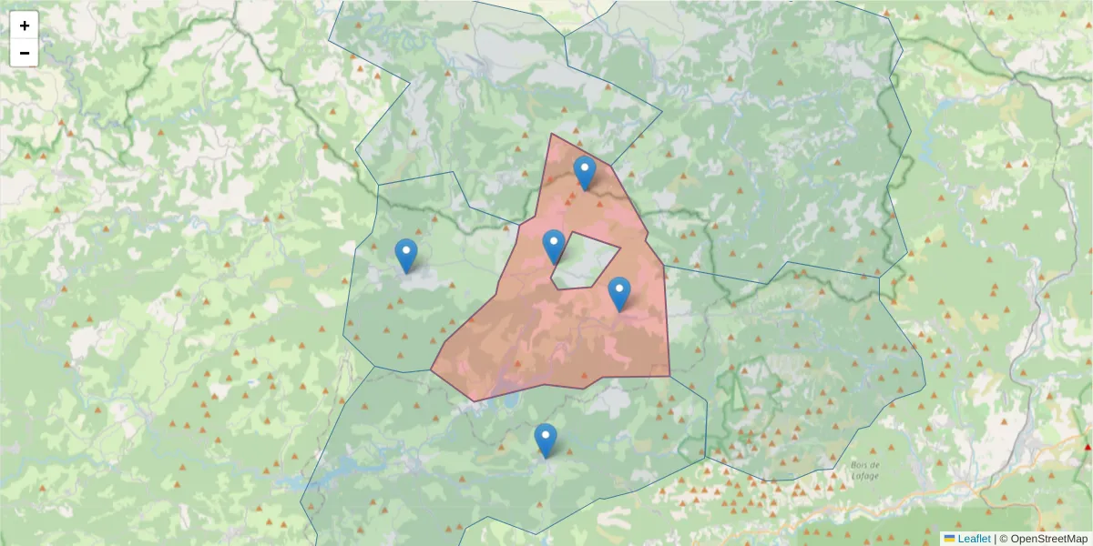 Carte de la zone du code postal  et des codes postaux voisins en France