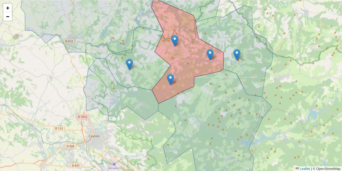 Carte de la zone du code postal  et des codes postaux voisins en France