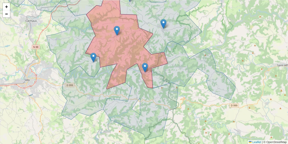 Carte de la zone du code postal  et des codes postaux voisins en France