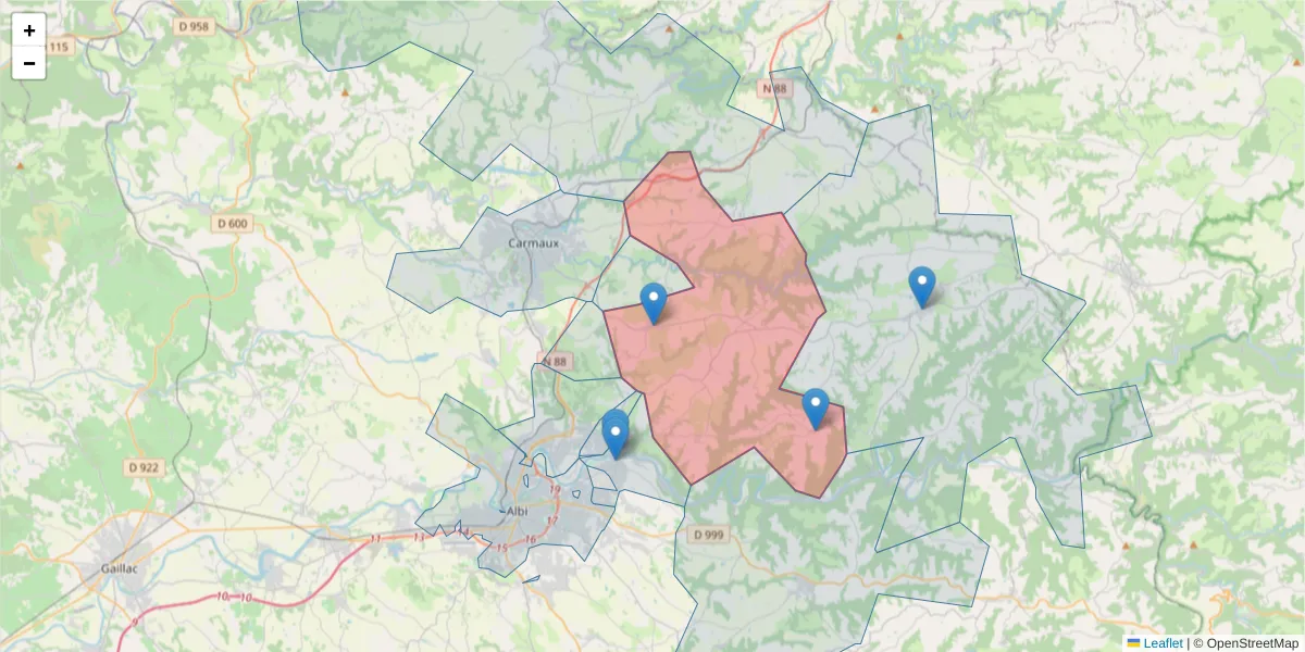 Carte de la zone du code postal  et des codes postaux voisins en France