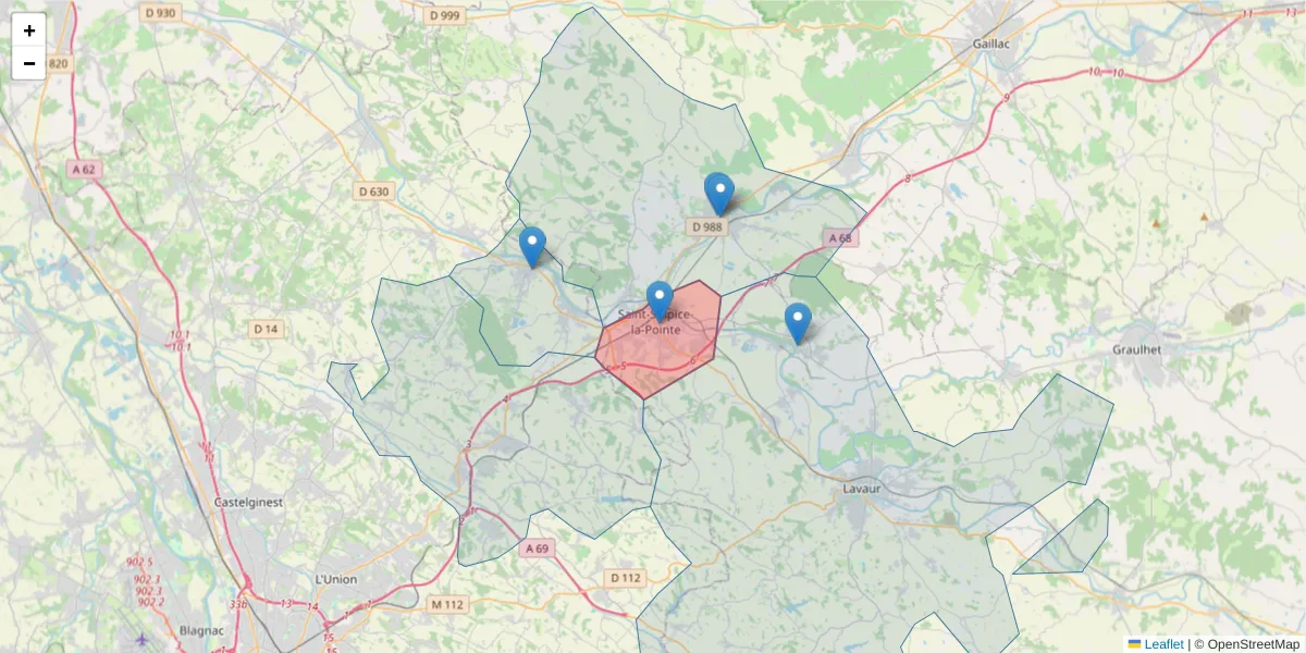 Carte de la zone du code postal  et des codes postaux voisins en France