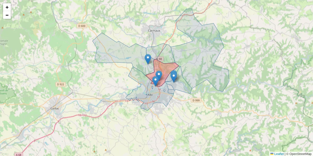 Carte de la zone du code postal  et des codes postaux voisins en France