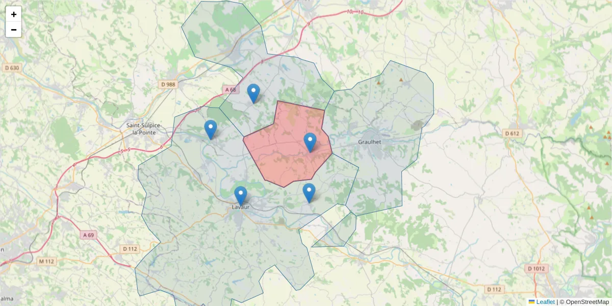 Carte de la zone du code postal  et des codes postaux voisins en France