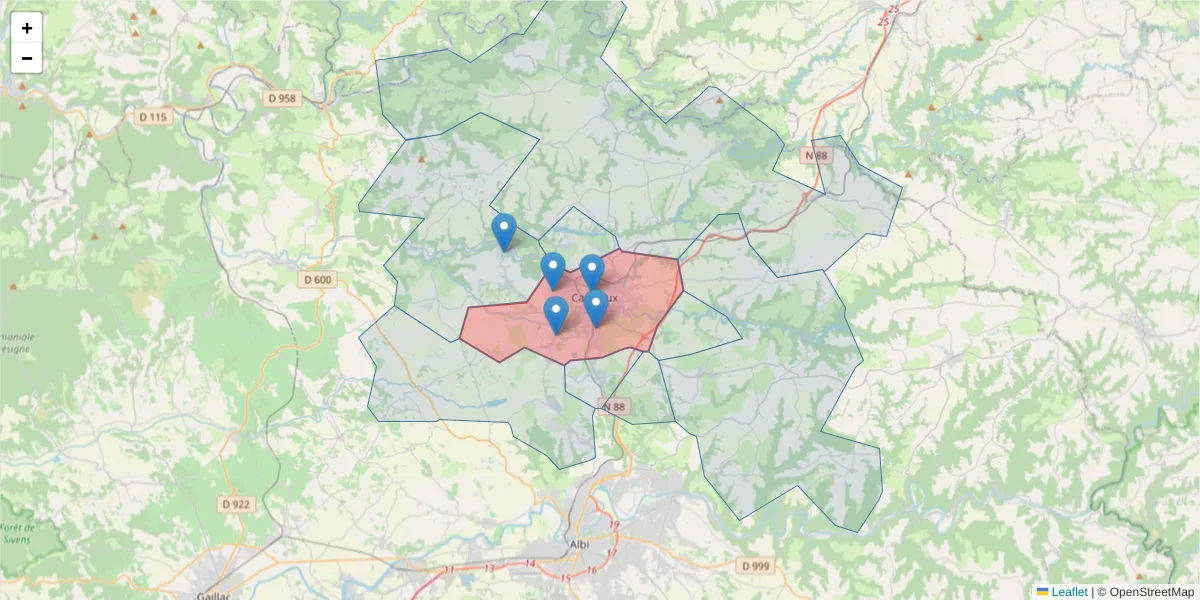 Carte de la zone du code postal  et des codes postaux voisins en France
