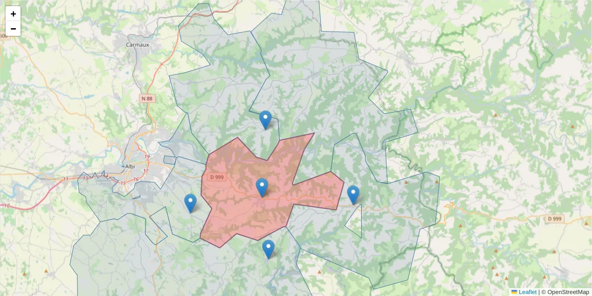 Carte de la zone du code postal  et des codes postaux voisins en France