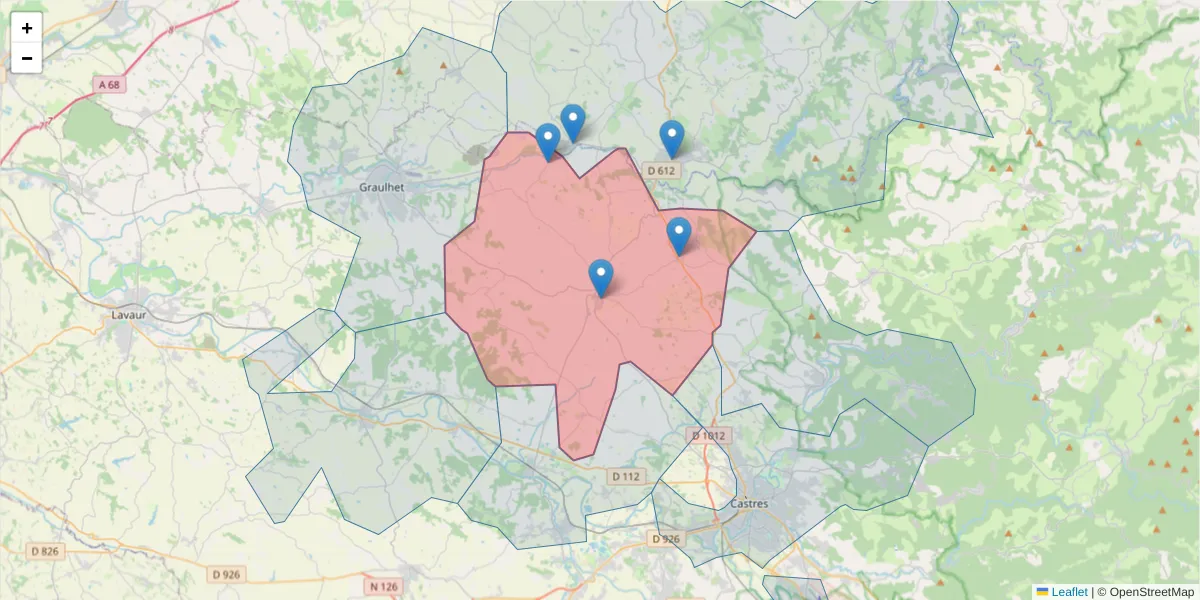 Carte de la zone du code postal  et des codes postaux voisins en France