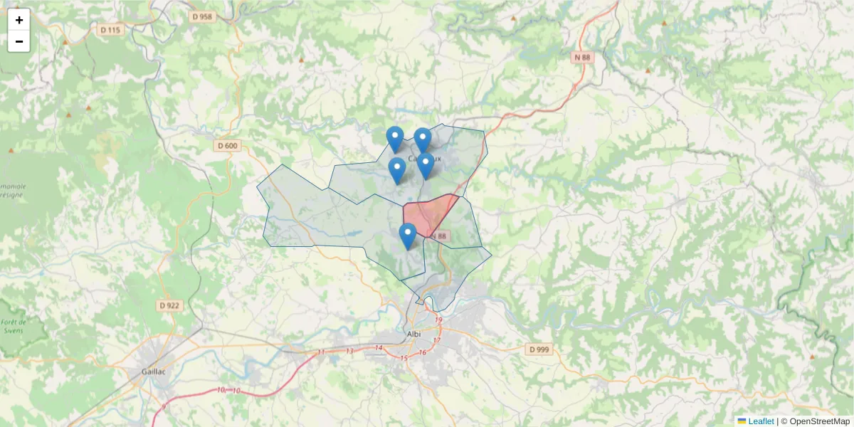 Carte de la zone du code postal  et des codes postaux voisins en France